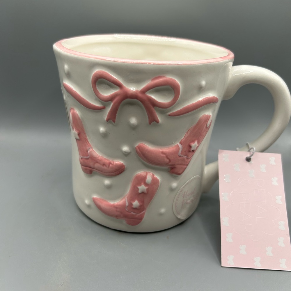 Petal & Pearl Textured Cowboy Boot And Pink Bow Mug With Star Accents Bows NEW